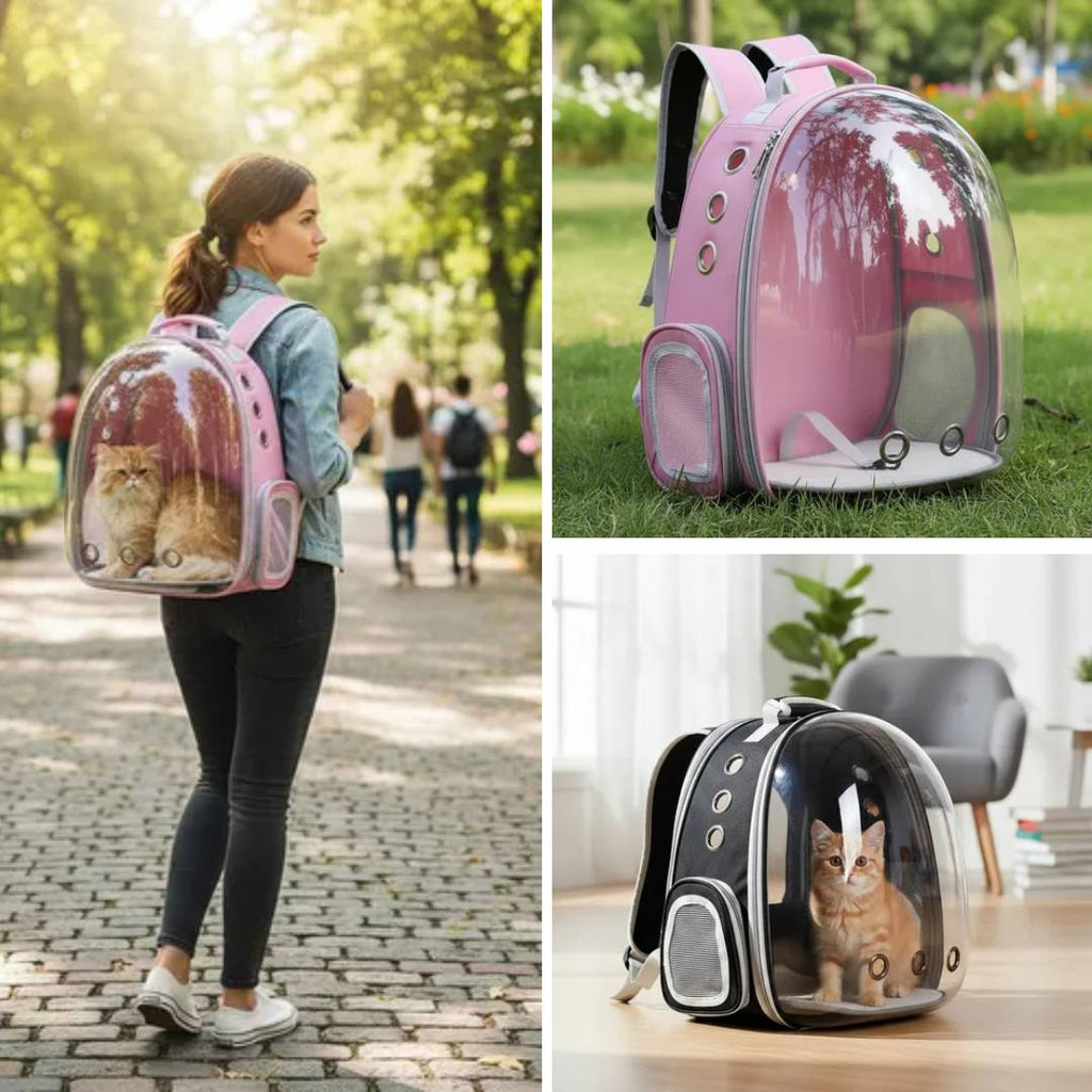 MOCHILA TRANSPORTADORA MASCOTAS RIGIDA CAPSULA TRANSPARENTE - NEGRO - ROSA