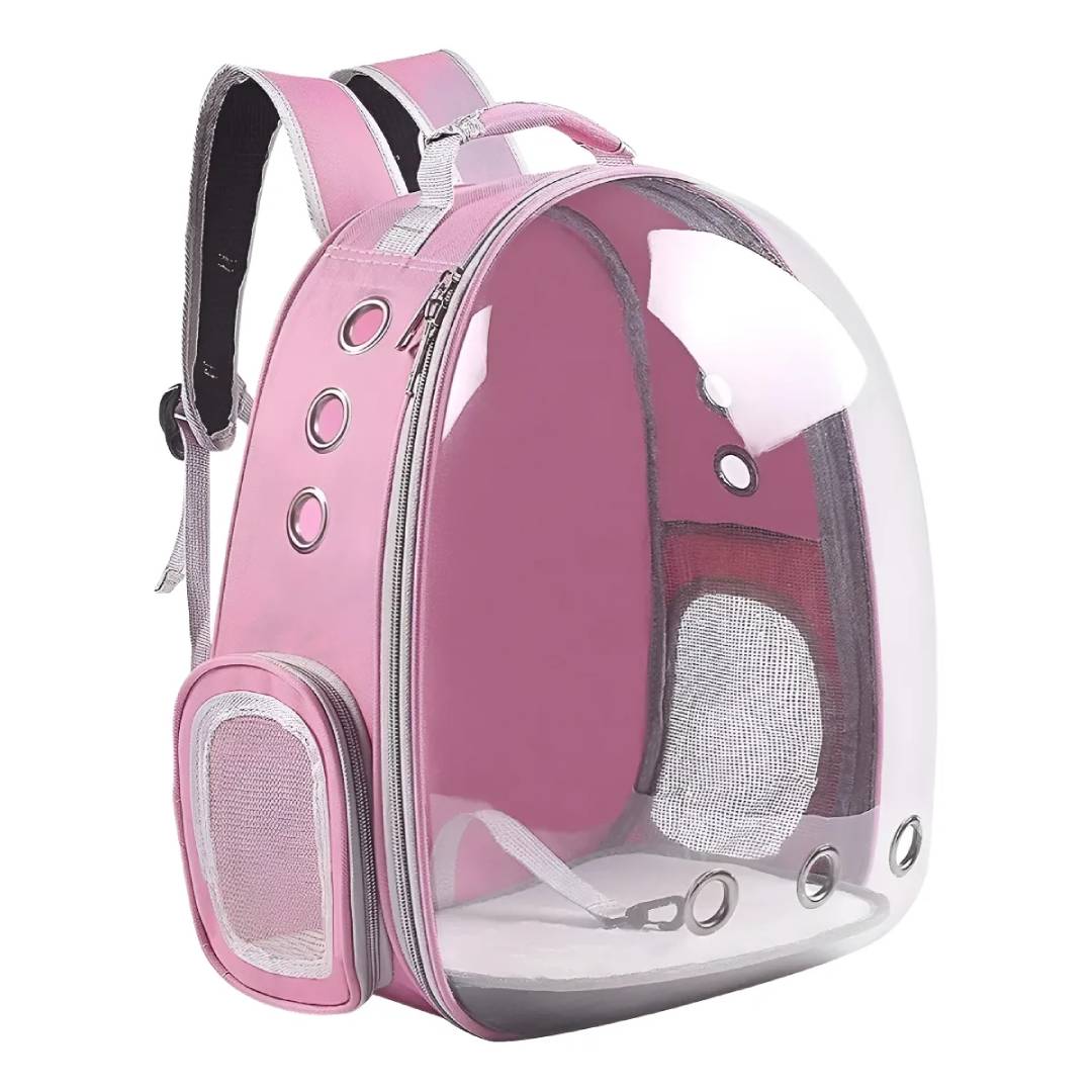 MOCHILA TRANSPORTADORA MASCOTAS RIGIDA CAPSULA TRANSPARENTE - NEGRO - ROSA