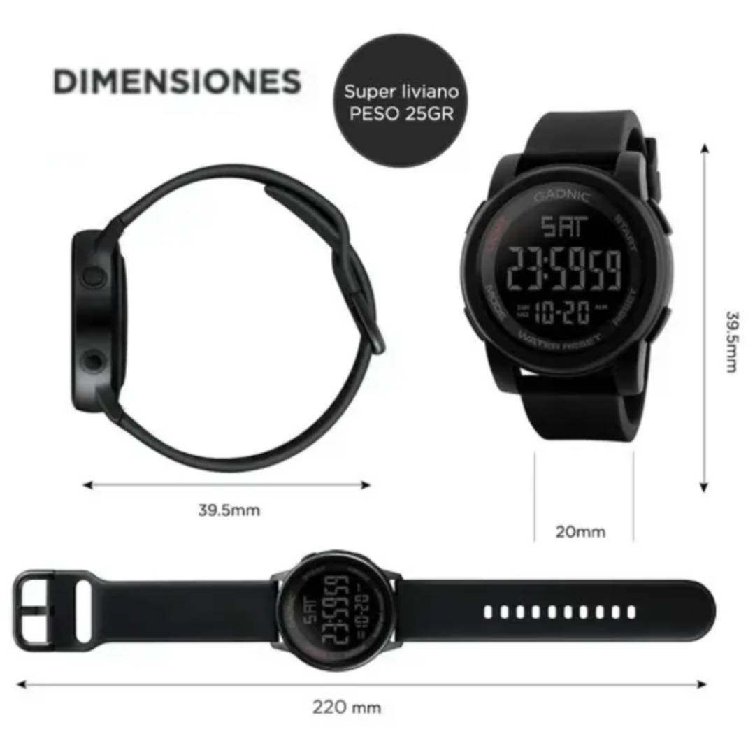 RELOJ DIGITAL GADNIC APOLO - SUMERGIBLE 50mts - NEGRO