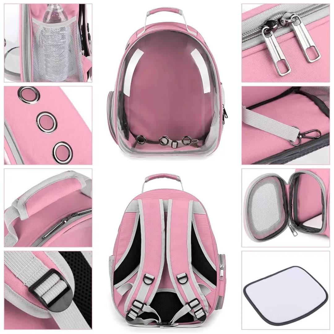 MOCHILA TRANSPORTADORA MASCOTAS RIGIDA CAPSULA TRANSPARENTE - NEGRO - ROSA