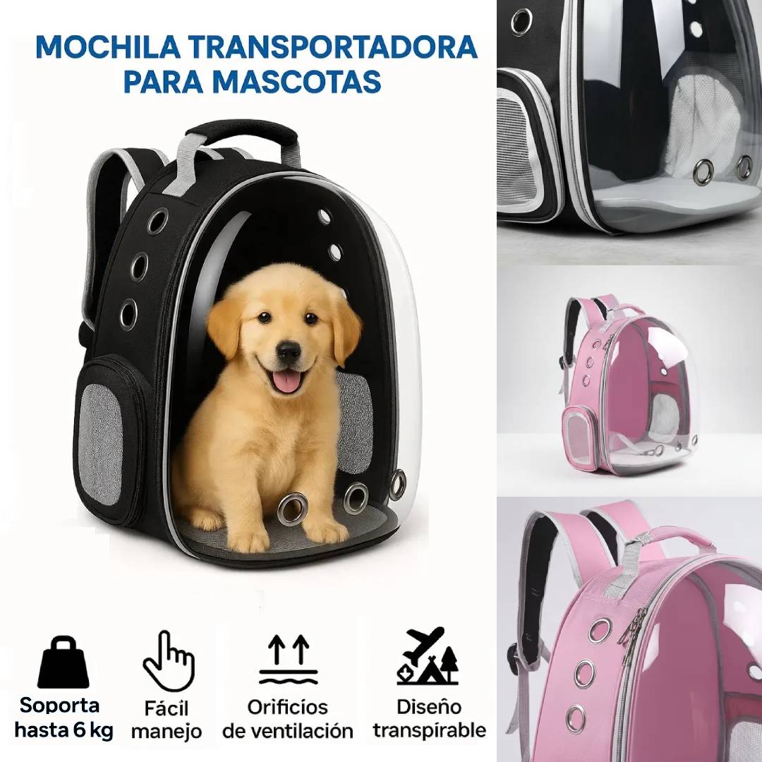 MOCHILA TRANSPORTADORA MASCOTAS RIGIDA CAPSULA TRANSPARENTE - NEGRO - ROSA