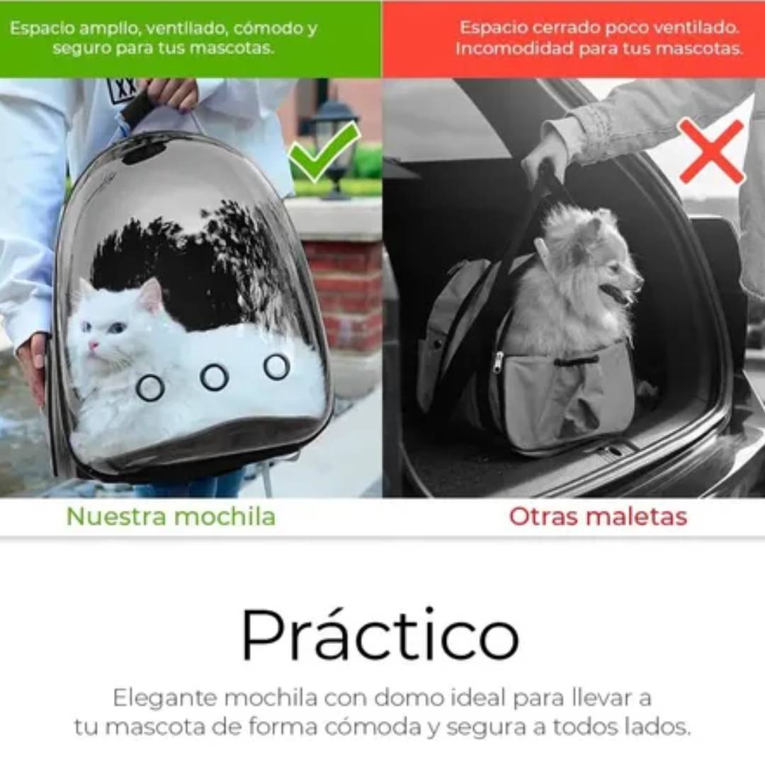 MOCHILA TRANSPORTADORA MASCOTAS RIGIDA CAPSULA TRANSPARENTE - NEGRO - ROSA