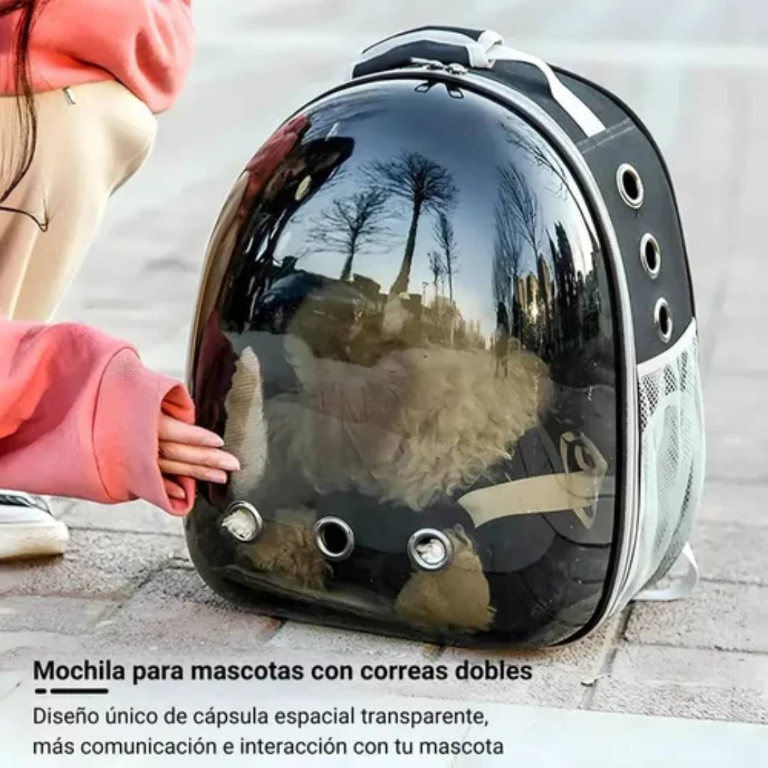 MOCHILA TRANSPORTADORA MASCOTAS RIGIDA CAPSULA TRANSPARENTE - NEGRO - ROSA